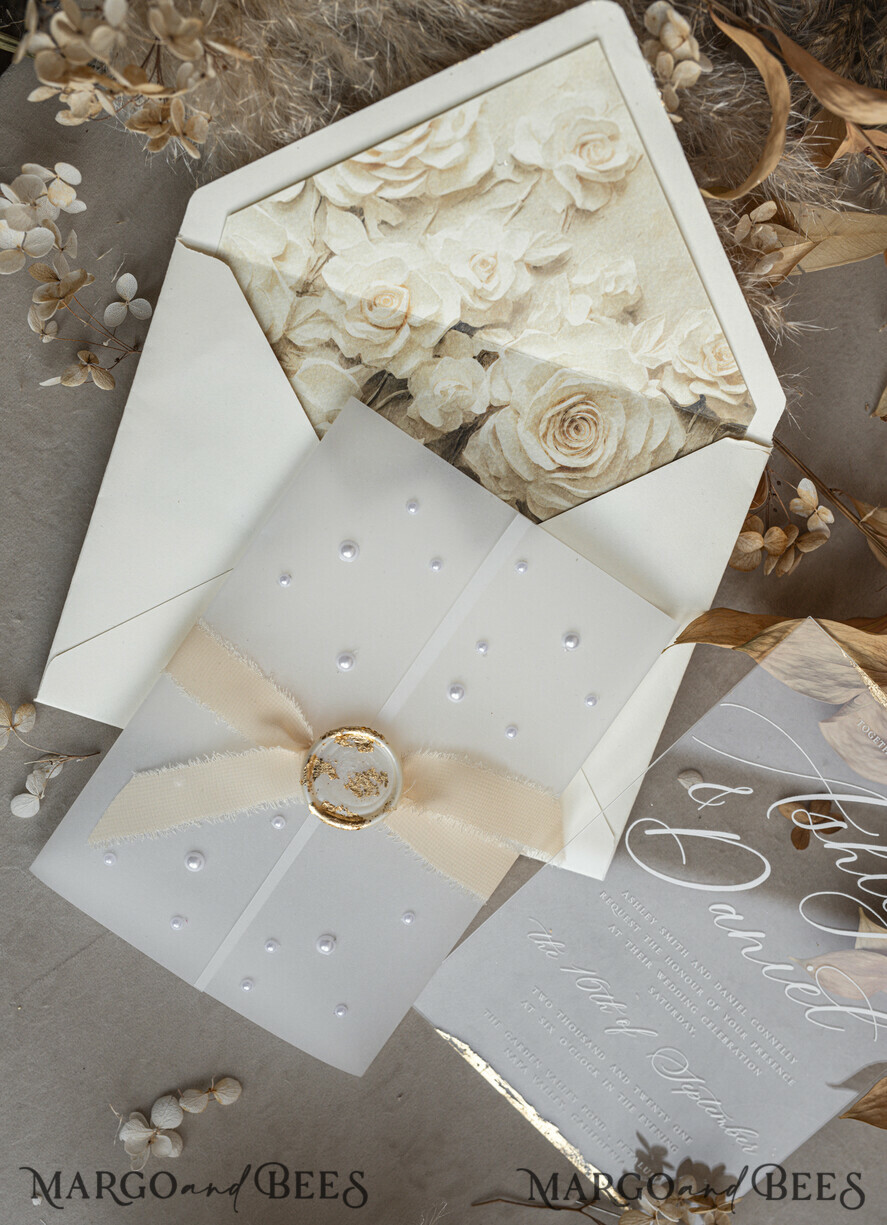 WEDDING INVITATIONS plexi acrylic mirror Ivory Beaded Wrapping Wedding Invitations, Elegant Clear Acrylic Wedding Cards, Plexi Transparent Wedding Invites, Wedding Invitation Suite with Pearls