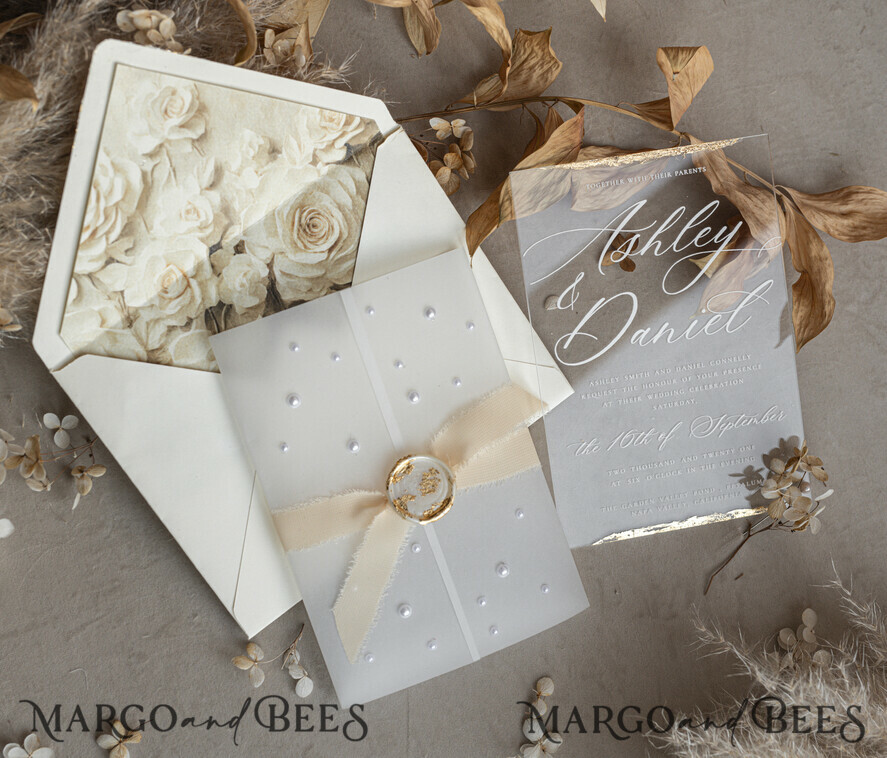 WEDDING INVITATIONS plexi acrylic mirror Ivory Beaded Wrapping Wedding Invitations, Elegant Clear Acrylic Wedding Cards, Plexi Transparent Wedding Invites, Wedding Invitation Suite with Pearls