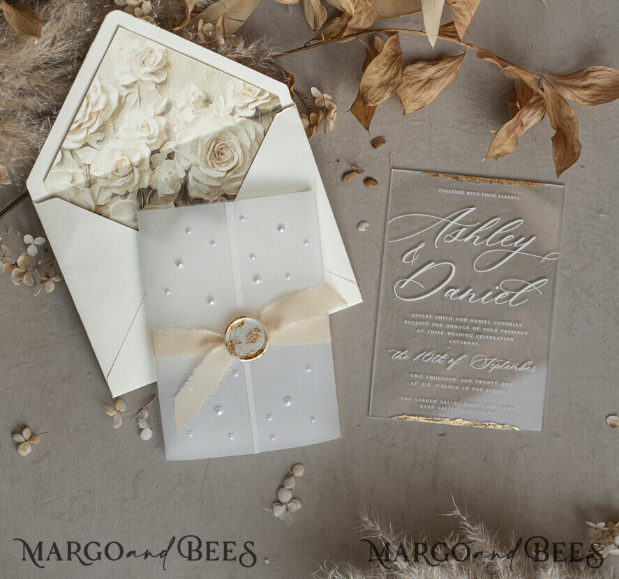 WEDDING INVITATIONS plexi acrylic mirror Ivory Beaded Wrapping Wedding Invitations, Elegant Clear Acrylic Wedding Cards, Plexi Transparent Wedding Invites, Wedding Invitation Suite with Pearls
