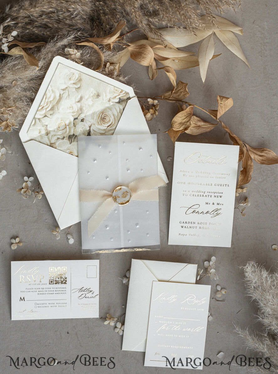 WEDDING INVITATIONS plexi acrylic mirror Ivory Beaded Wrapping Wedding Invitations, Elegant Clear Acrylic Wedding Cards, Plexi Transparent Wedding Invites, Wedding Invitation Suite with Pearls