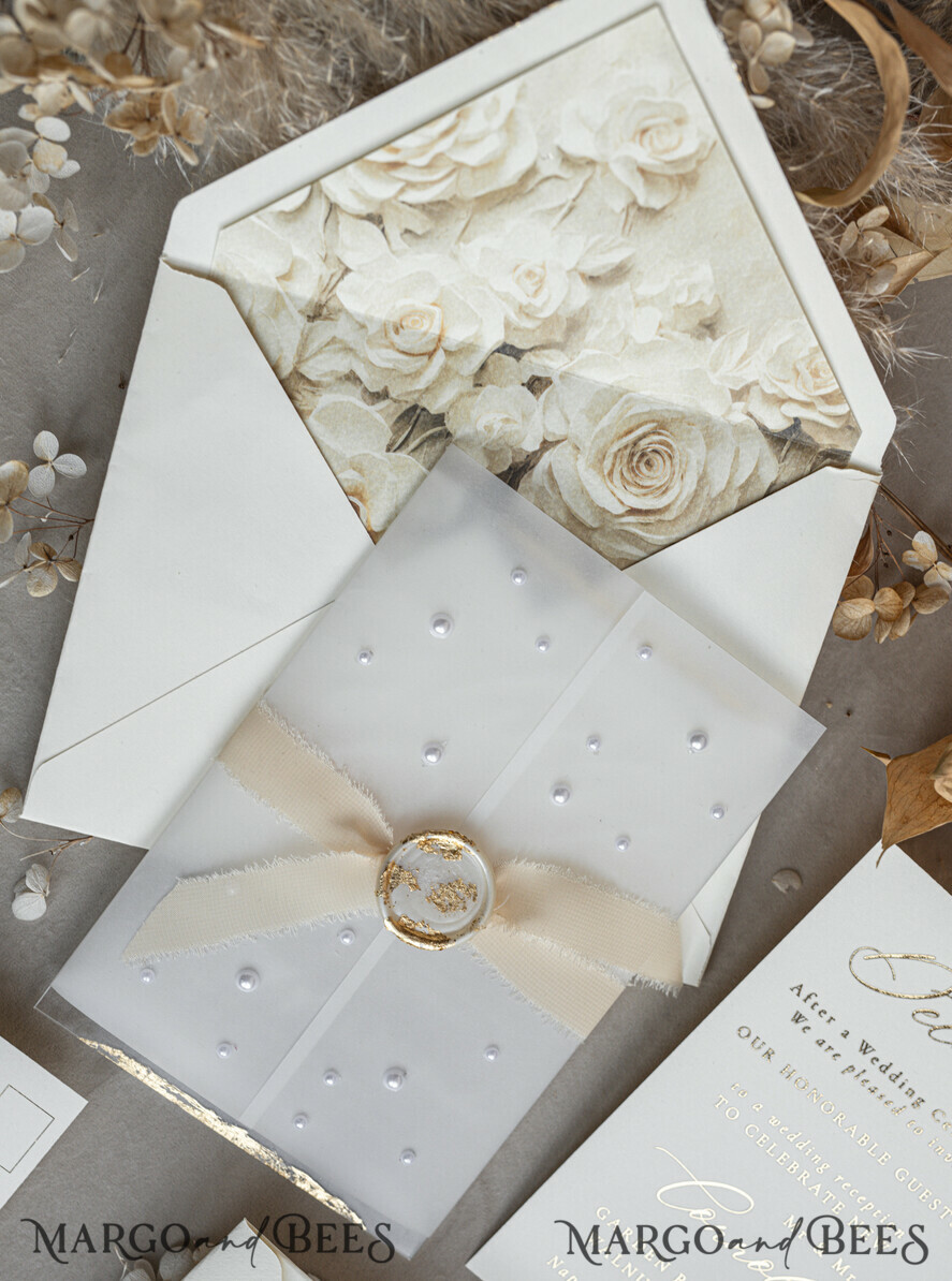 WEDDING INVITATIONS plexi acrylic mirror Ivory Beaded Wrapping Wedding Invitations, Elegant Clear Acrylic Wedding Cards, Plexi Transparent Wedding Invites, Wedding Invitation Suite with Pearls