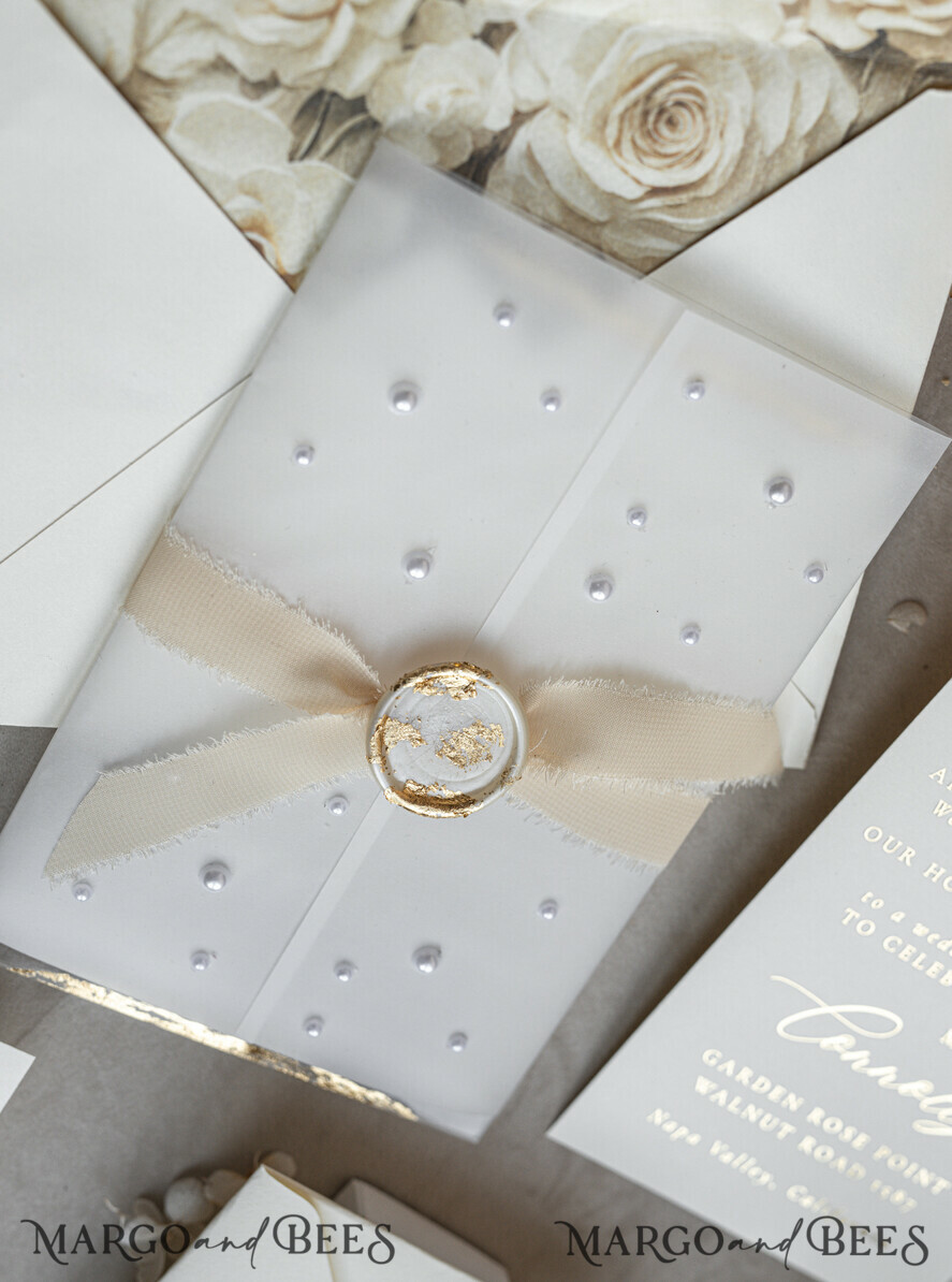 WEDDING INVITATIONS plexi acrylic mirror Ivory Beaded Wrapping Wedding Invitations, Elegant Clear Acrylic Wedding Cards, Plexi Transparent Wedding Invites, Wedding Invitation Suite with Pearls