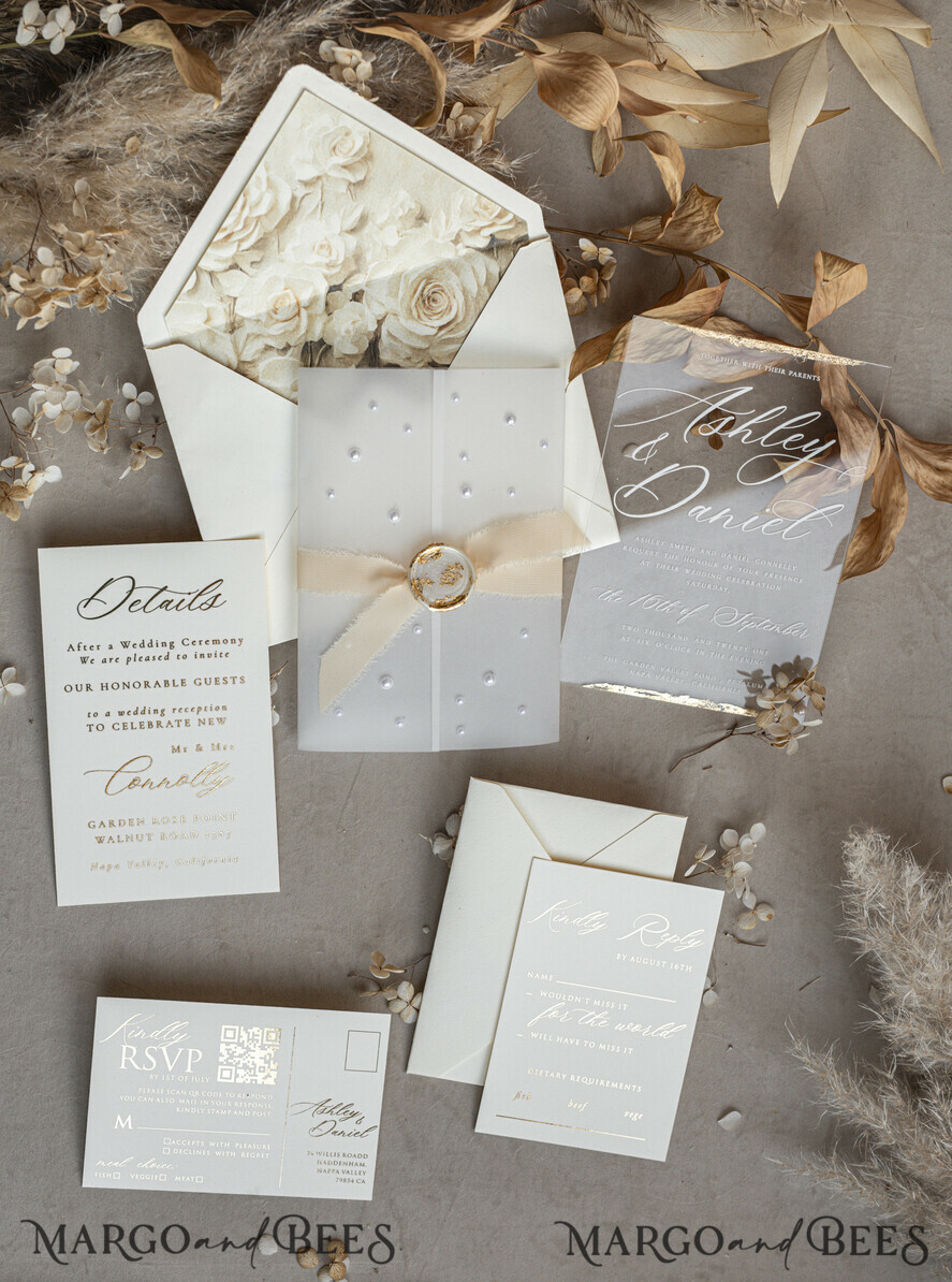 WEDDING INVITATIONS plexi acrylic mirror Ivory Beaded Wrapping Wedding Invitations, Elegant Clear Acrylic Wedding Cards, Plexi Transparent Wedding Invites, Wedding Invitation Suite with Pearls