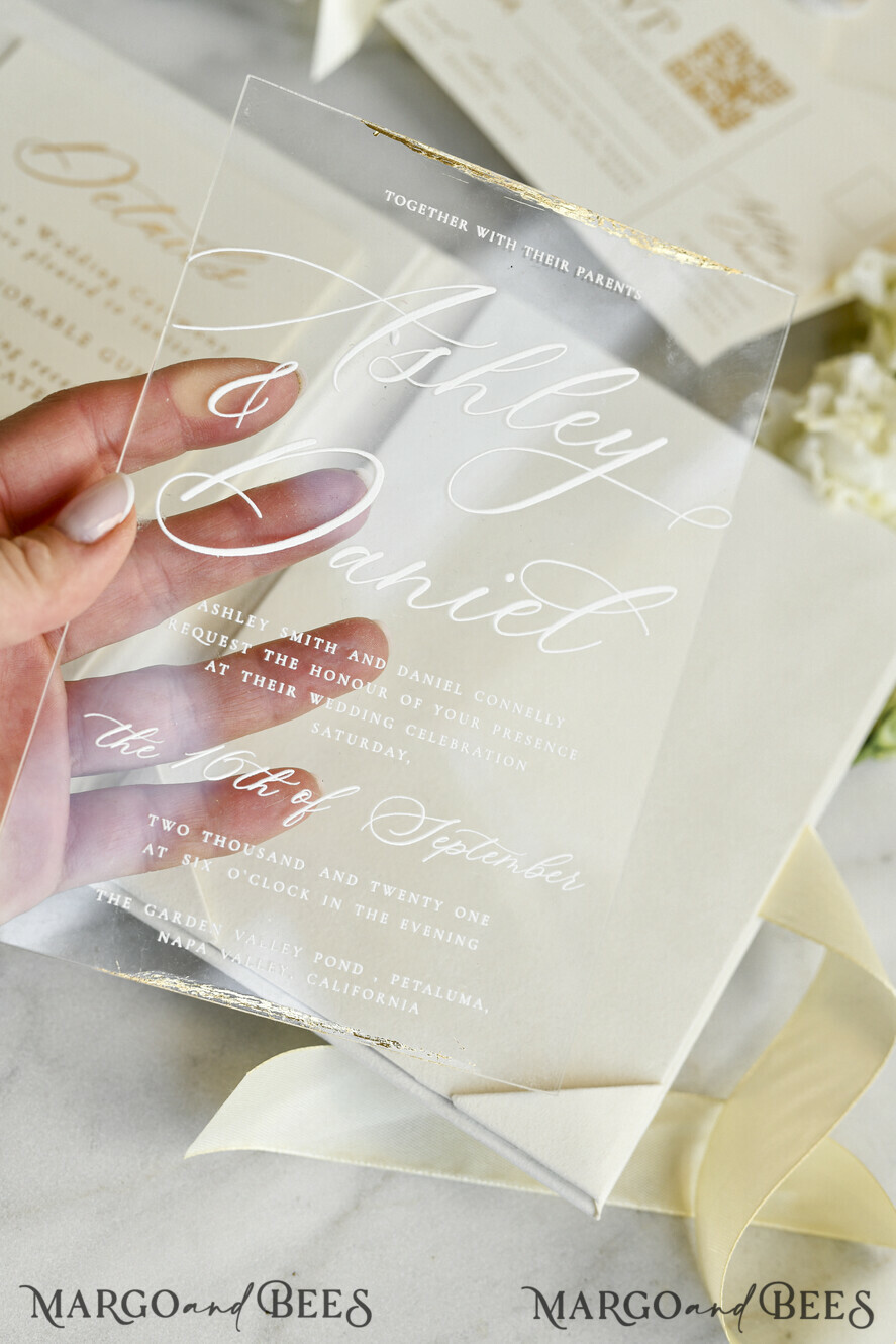 WEDDING INVITATIONS plexi acrylic mirror velvet Cover Clear Wedding Invitations, Elegant dusty blue Wedding Cards,  Acrylic Wedding Invites, Mirror Gold Plexi Invitation Suite