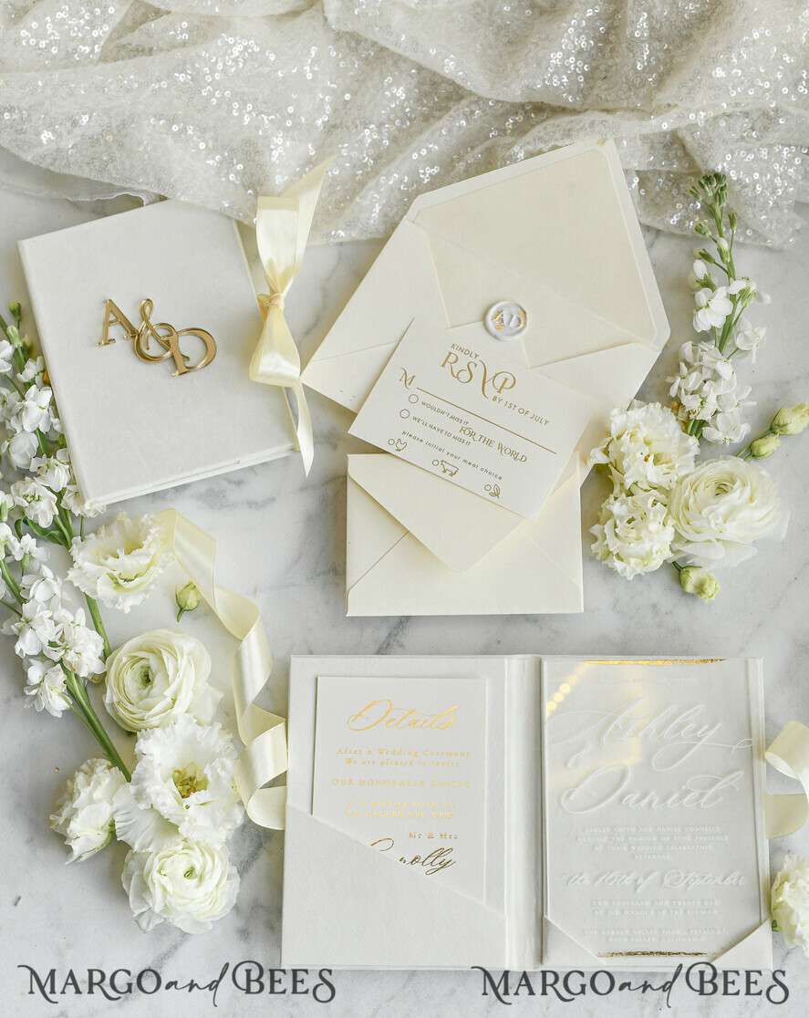 WEDDING INVITATIONS plexi acrylic mirror velvet Cover Clear Wedding Invitations, Elegant dusty blue Wedding Cards,  Acrylic Wedding Invites, Mirror Gold Plexi Invitation Suite