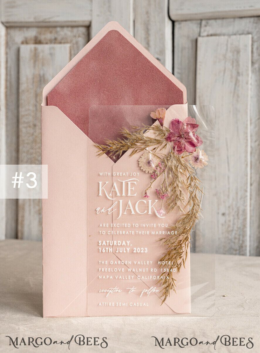 WEDDING INVITATIONS plexi acrylic mirror Blush Pink Clear real flowers Wedding Invitations, Elegant Garden  pampass gras Wedding Cards, Velvet  transparent  Wedding Invites,  Wedding Invitation Suite