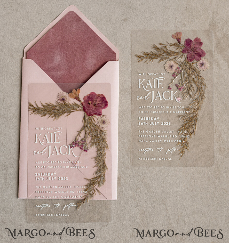 WEDDING INVITATIONS plexi acrylic mirror Blush Pink Clear real flowers Wedding Invitations, Elegant Garden  pampass gras Wedding Cards, Velvet  transparent  Wedding Invites,  Wedding Invitation Suite