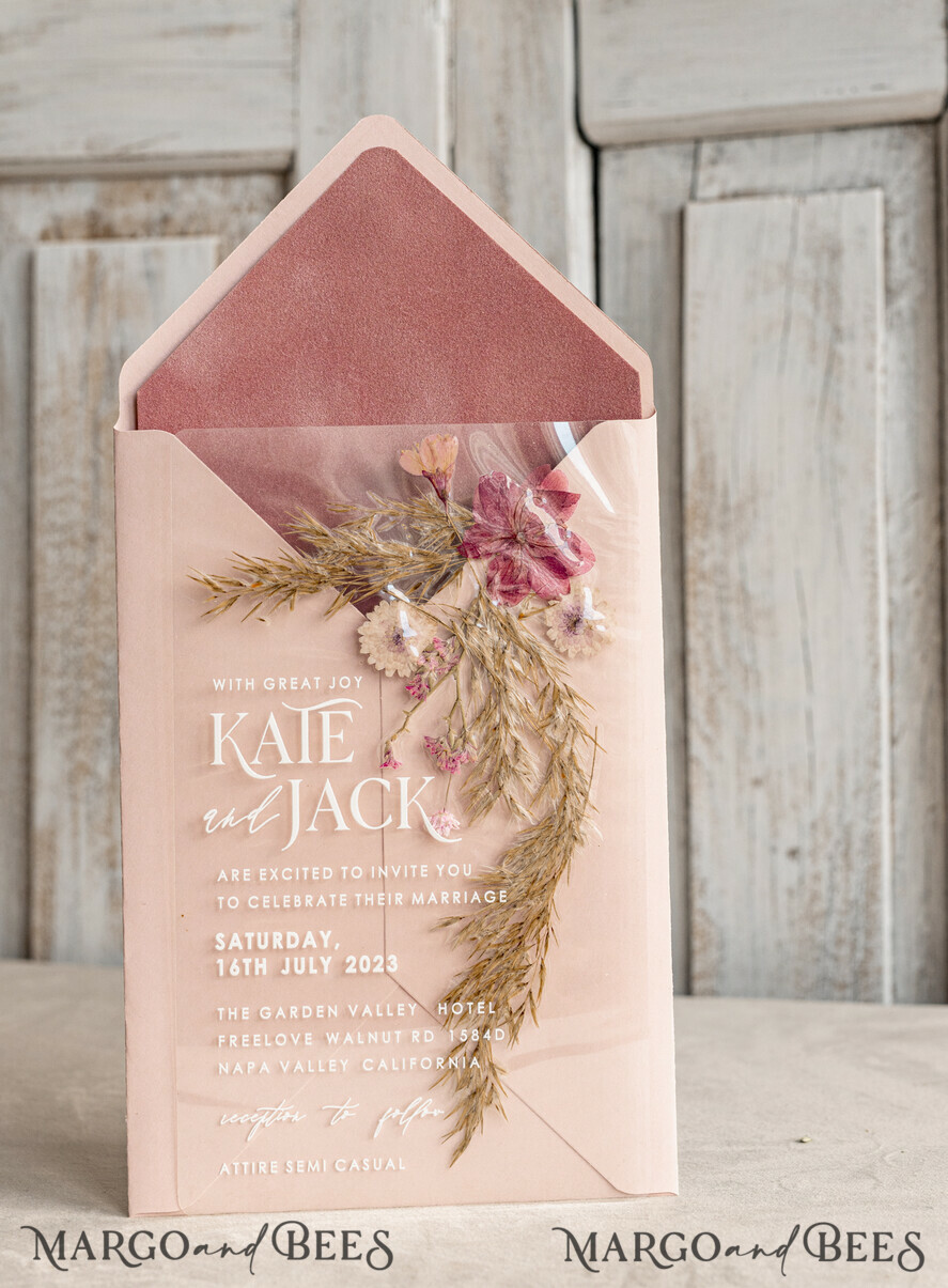 WEDDING INVITATIONS plexi acrylic mirror Blush Pink Clear real flowers Wedding Invitations, Elegant Garden  pampass gras Wedding Cards, Velvet  transparent  Wedding Invites,  Wedding Invitation Suite