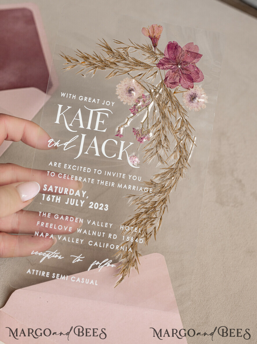 WEDDING INVITATIONS plexi acrylic mirror Blush Pink Clear real flowers Wedding Invitations, Elegant Garden  pampass gras Wedding Cards, Velvet  transparent  Wedding Invites,  Wedding Invitation Suite
