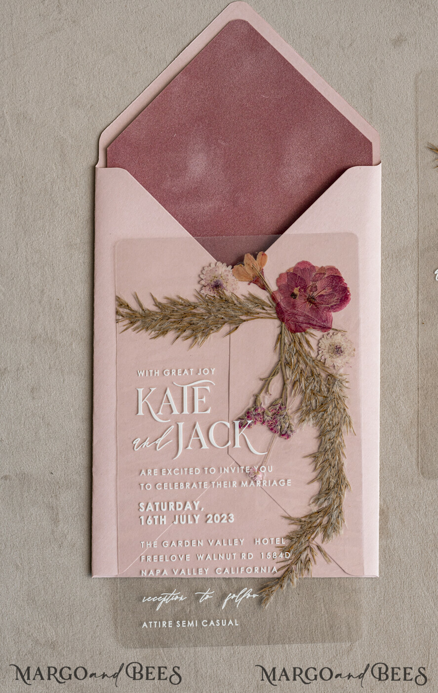 WEDDING INVITATIONS plexi acrylic mirror Blush Pink Clear real flowers Wedding Invitations, Elegant Garden  pampass gras Wedding Cards, Velvet  transparent  Wedding Invites,  Wedding Invitation Suite