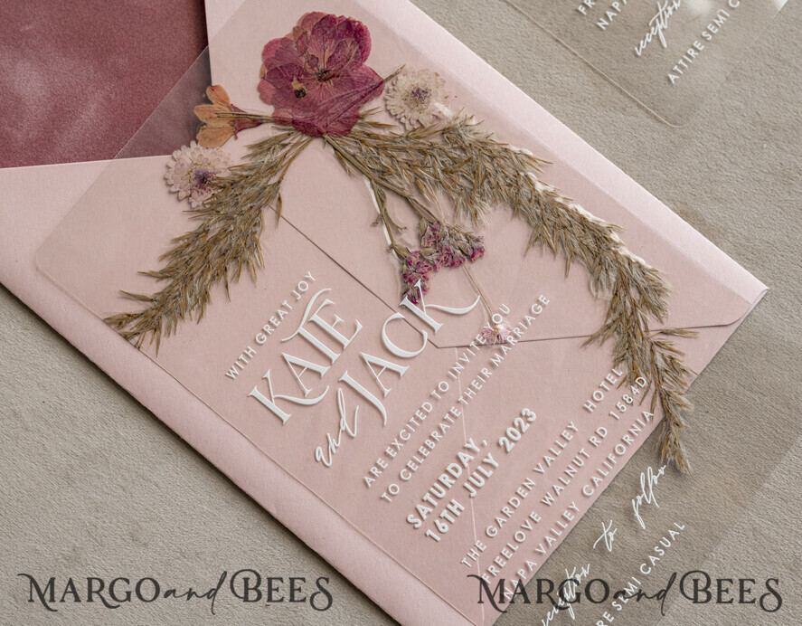 WEDDING INVITATIONS plexi acrylic mirror Blush Pink Clear real flowers Wedding Invitations, Elegant Garden  pampass gras Wedding Cards, Velvet  transparent  Wedding Invites,  Wedding Invitation Suite