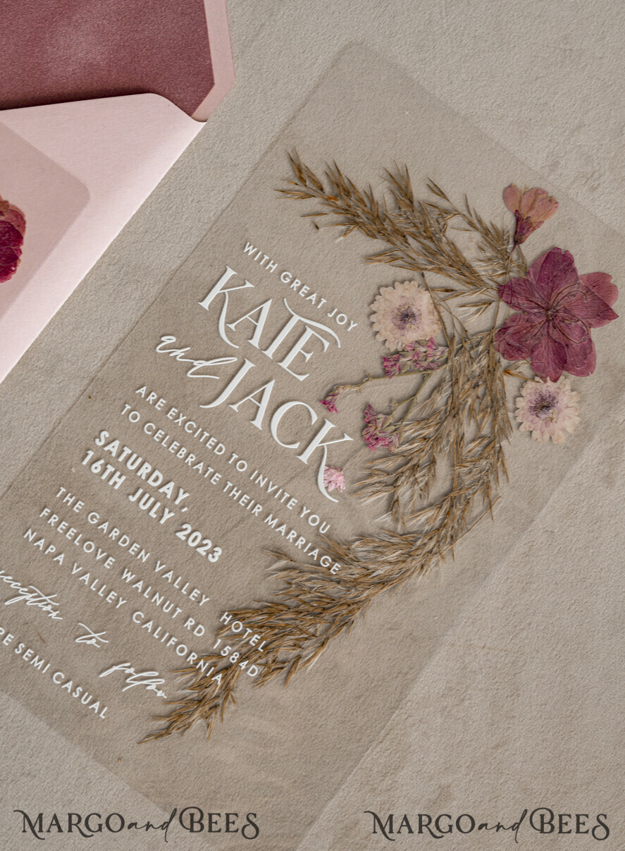 WEDDING INVITATIONS plexi acrylic mirror Blush Pink Clear real flowers Wedding Invitations, Elegant Garden  pampass gras Wedding Cards, Velvet  transparent  Wedding Invites,  Wedding Invitation Suite