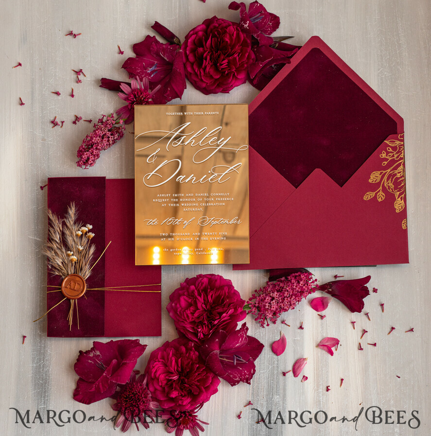 WEDDING INVITATIONS plexi acrylic mirror Burgundy Mirror gold Wedding Invitations, Elegant Garden Wedding Cards, maroon Acrylic Wedding Invites, Pampass Grass Gold Plexi Wedding Invitation Suite