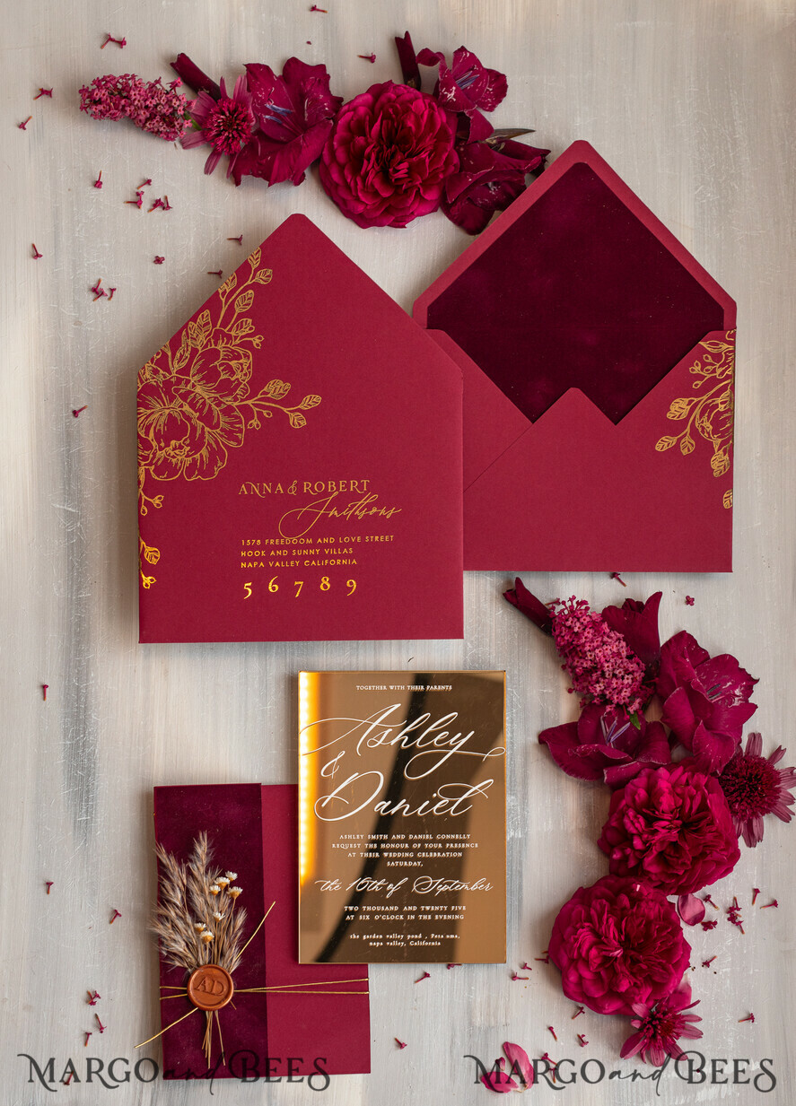 WEDDING INVITATIONS plexi acrylic mirror Burgundy Mirror gold Wedding Invitations, Elegant Garden Wedding Cards, maroon Acrylic Wedding Invites, Pampass Grass Gold Plexi Wedding Invitation Suite