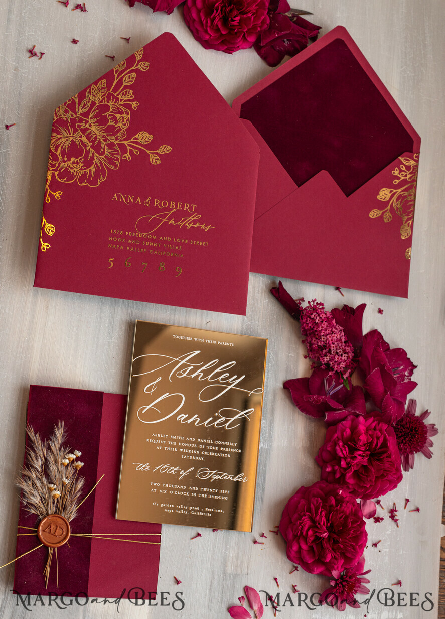 WEDDING INVITATIONS plexi acrylic mirror Burgundy Mirror gold Wedding Invitations, Elegant Garden Wedding Cards, maroon Acrylic Wedding Invites, Pampass Grass Gold Plexi Wedding Invitation Suite