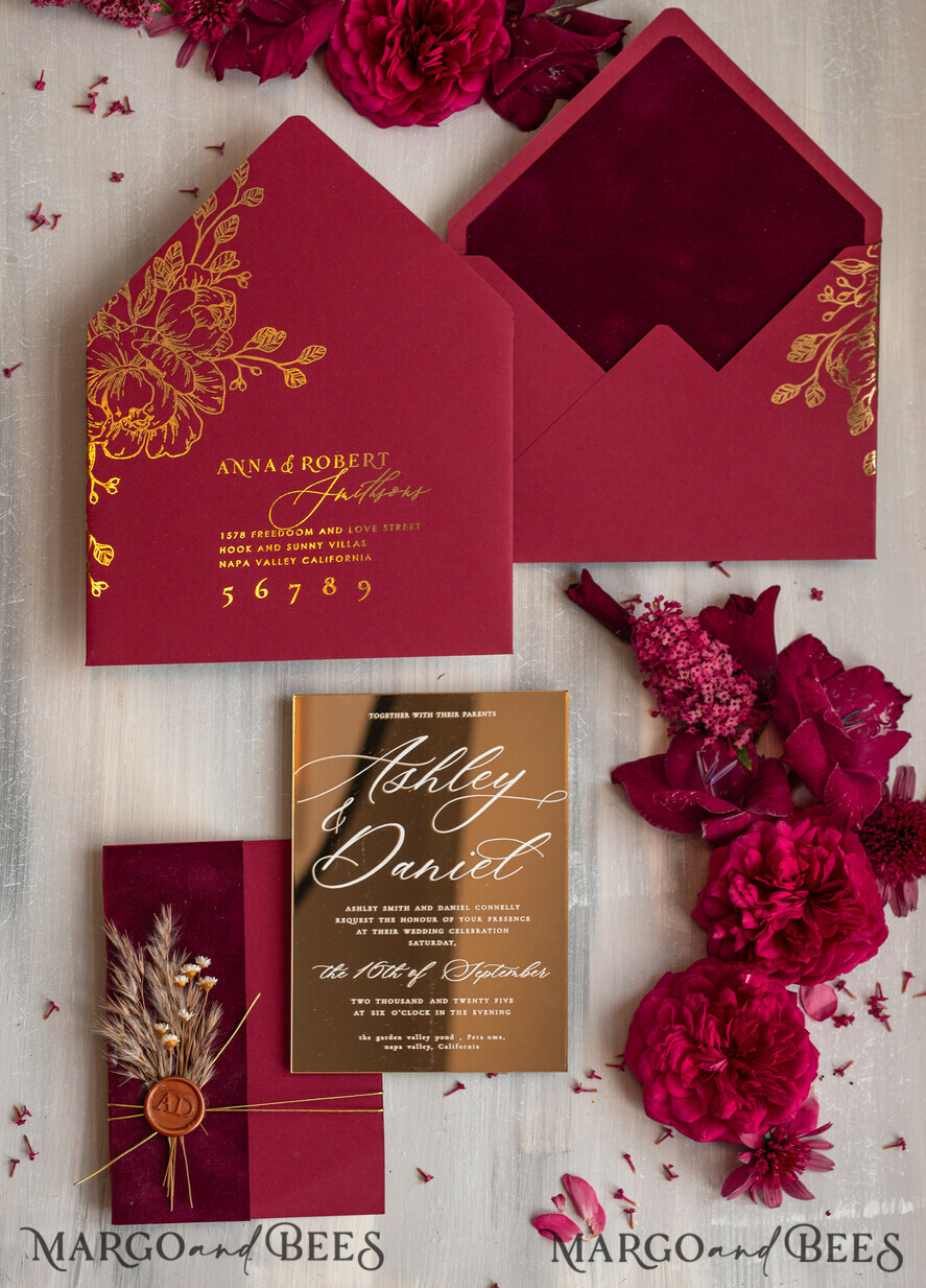 WEDDING INVITATIONS plexi acrylic mirror Burgundy Mirror gold Wedding Invitations, Elegant Garden Wedding Cards, maroon Acrylic Wedding Invites, Pampass Grass Gold Plexi Wedding Invitation Suite