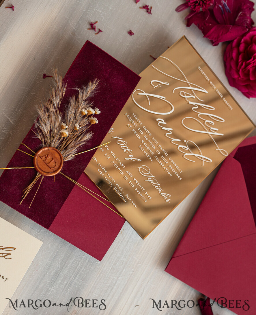 WEDDING INVITATIONS plexi acrylic mirror Burgundy Mirror gold Wedding Invitations, Elegant Garden Wedding Cards, maroon Acrylic Wedding Invites, Pampass Grass Gold Plexi Wedding Invitation Suite