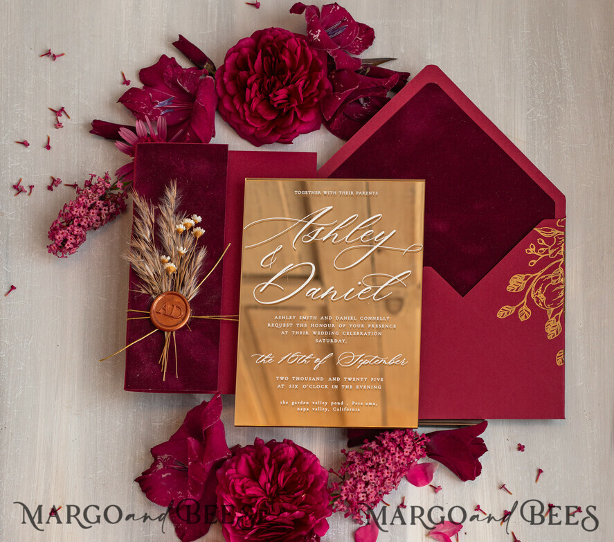 WEDDING INVITATIONS plexi acrylic mirror Burgundy Mirror gold Wedding Invitations, Elegant Garden Wedding Cards, maroon Acrylic Wedding Invites, Pampass Grass Gold Plexi Wedding Invitation Suite