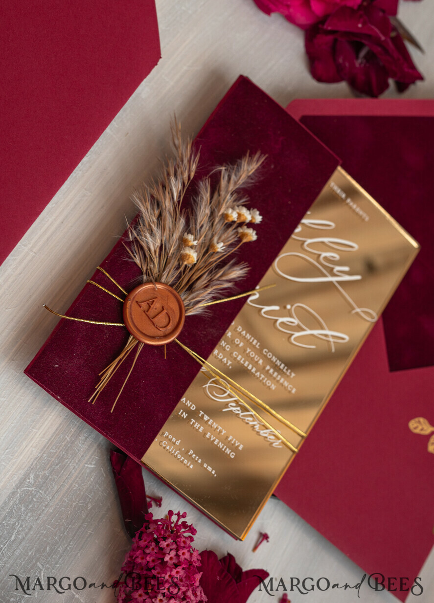 WEDDING INVITATIONS plexi acrylic mirror Burgundy Mirror gold Wedding Invitations, Elegant Garden Wedding Cards, maroon Acrylic Wedding Invites, Pampass Grass Gold Plexi Wedding Invitation Suite