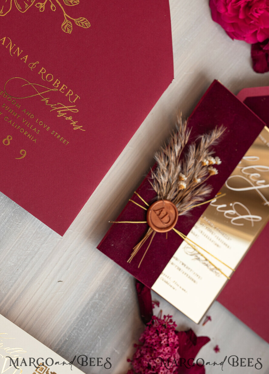 WEDDING INVITATIONS plexi acrylic mirror Burgundy Mirror gold Wedding Invitations, Elegant Garden Wedding Cards, maroon Acrylic Wedding Invites, Pampass Grass Gold Plexi Wedding Invitation Suite