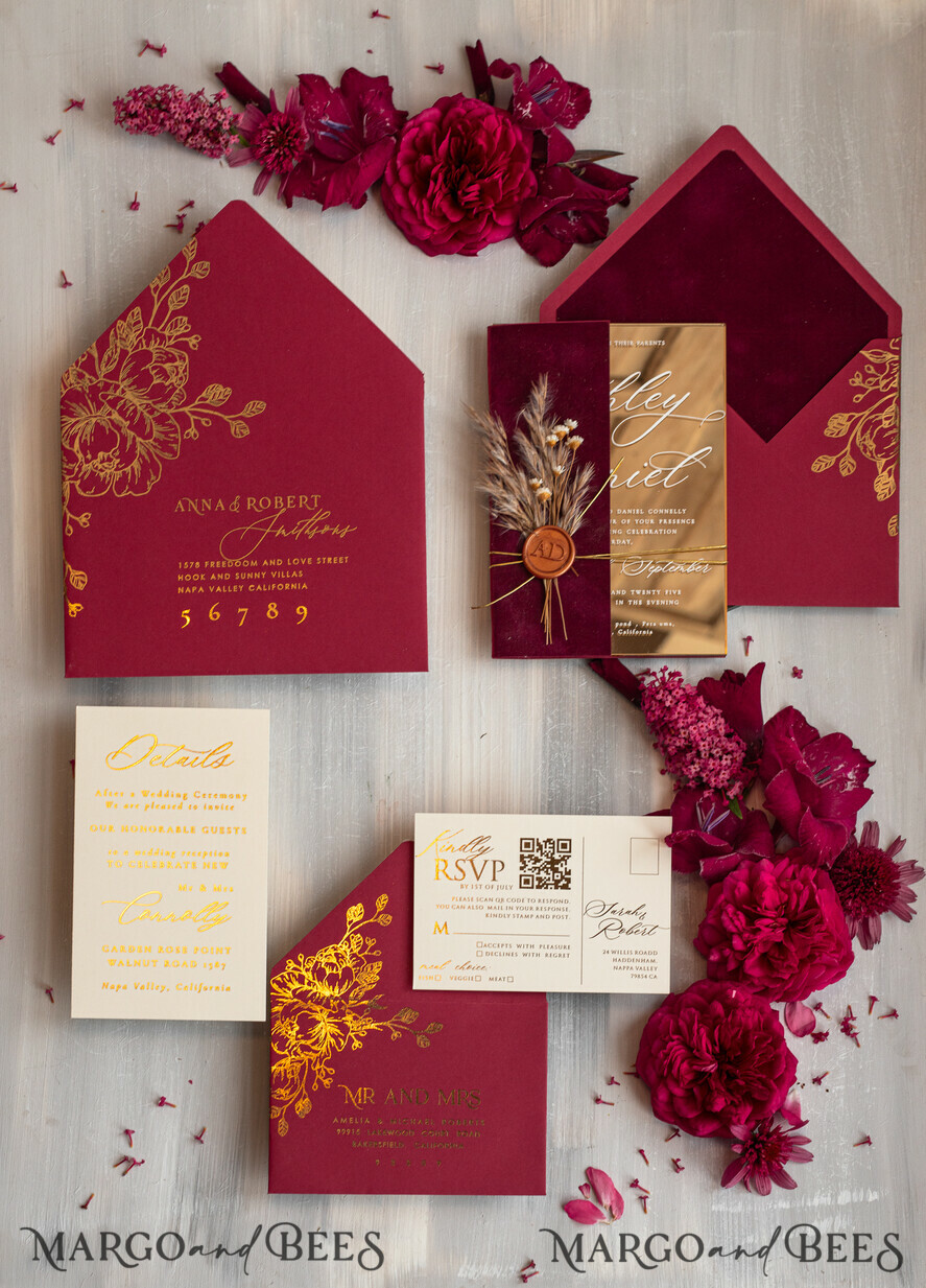 WEDDING INVITATIONS plexi acrylic mirror Burgundy Mirror gold Wedding Invitations, Elegant Garden Wedding Cards, maroon Acrylic Wedding Invites, Pampass Grass Gold Plexi Wedding Invitation Suite