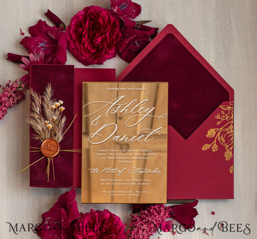 WEDDING INVITATIONS plexi acrylic mirror Burgundy Mirror gold Wedding Invitations, Elegant Garden Wedding Cards, maroon Acrylic Wedding Invites, Pampass Grass Gold Plexi Wedding Invitation Suite