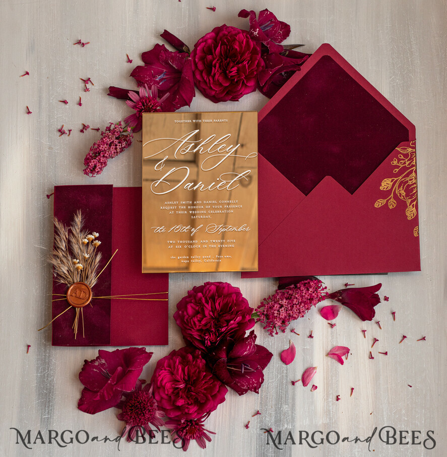 WEDDING INVITATIONS plexi acrylic mirror Burgundy Mirror gold Wedding Invitations, Elegant Garden Wedding Cards, maroon Acrylic Wedding Invites, Pampass Grass Gold Plexi Wedding Invitation Suite