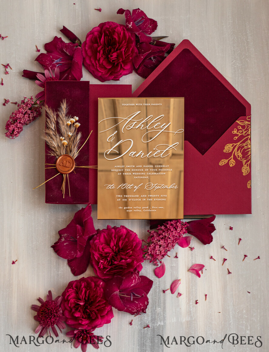 WEDDING INVITATIONS plexi acrylic mirror Burgundy Mirror gold Wedding Invitations, Elegant Garden Wedding Cards, maroon Acrylic Wedding Invites, Pampass Grass Gold Plexi Wedding Invitation Suite