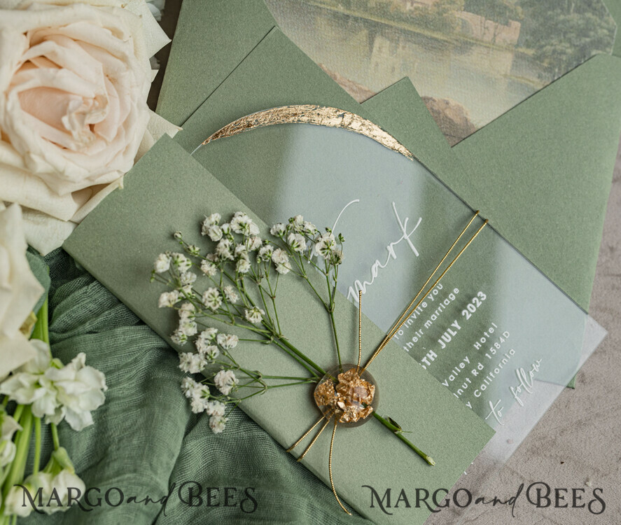 WEDDING INVITATIONS plexi acrylic mirror Sage Green Clear Arched Wedding Invitations, Elegant Garden Wedding Cards, Greenery Acrylic transparent  Wedding Invites,  Arch Plexi Wedding Invitation Suite
