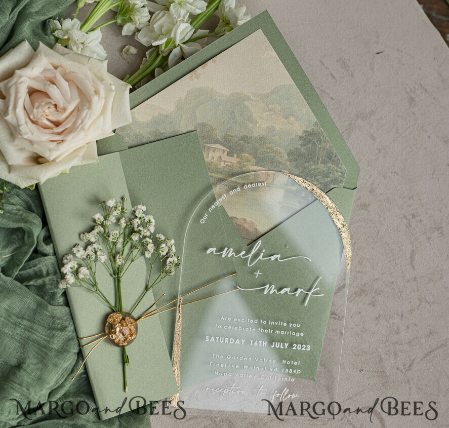 WEDDING INVITATIONS plexi acrylic mirror Sage Green Clear Arched Wedding Invitations, Elegant Garden Wedding Cards, Greenery Acrylic transparent  Wedding Invites,  Arch Plexi Wedding Invitation Suite