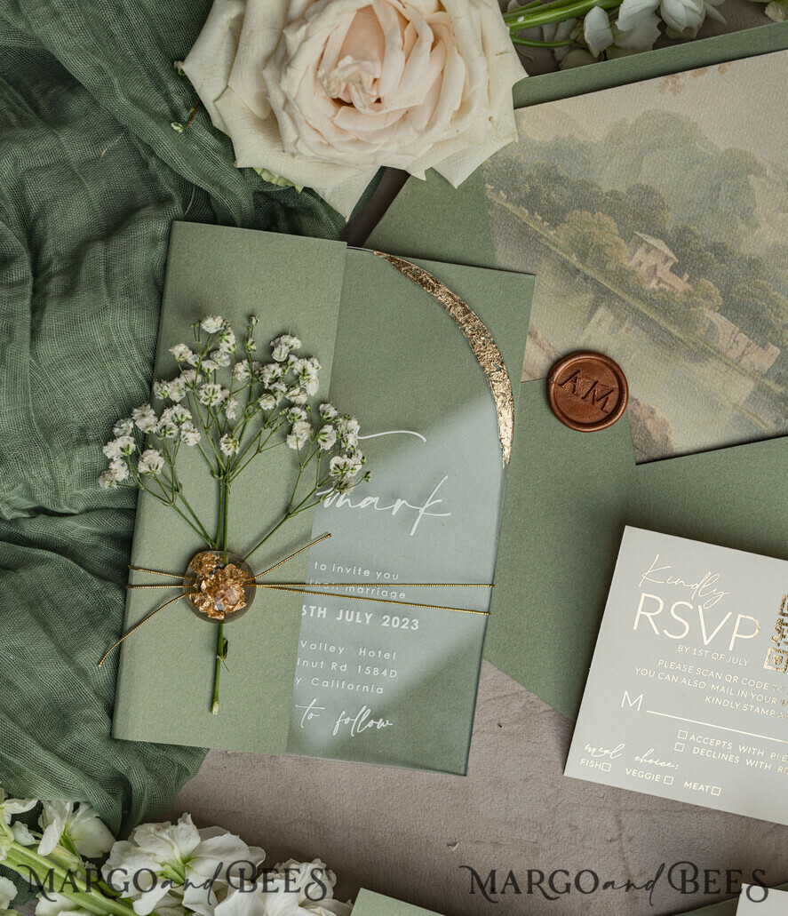 WEDDING INVITATIONS plexi acrylic mirror Sage Green Clear Arched Wedding Invitations, Elegant Garden Wedding Cards, Greenery Acrylic transparent  Wedding Invites,  Arch Plexi Wedding Invitation Suite