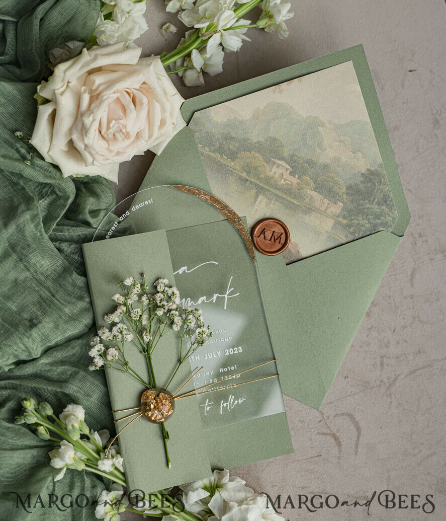 WEDDING INVITATIONS plexi acrylic mirror Sage Green Clear Arched Wedding Invitations, Elegant Garden Wedding Cards, Greenery Acrylic transparent  Wedding Invites,  Arch Plexi Wedding Invitation Suite