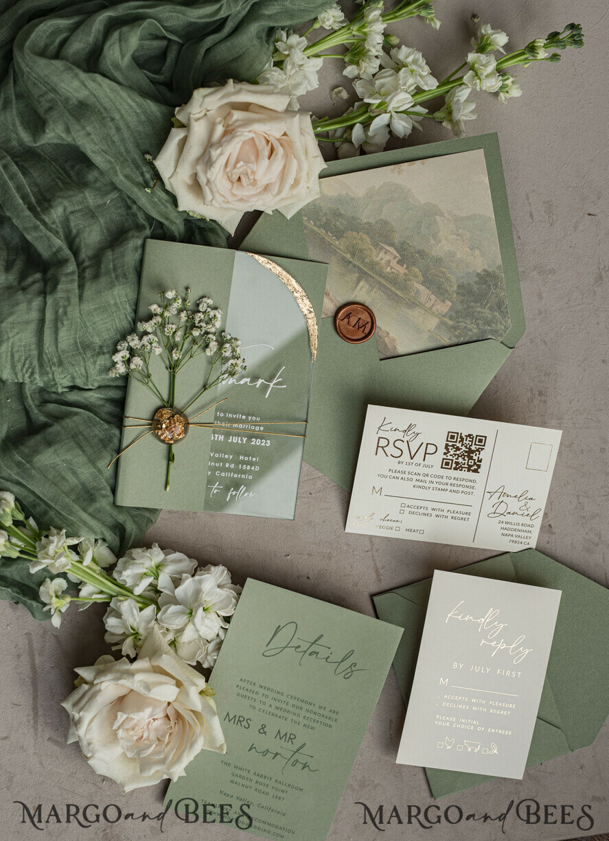WEDDING INVITATIONS plexi acrylic mirror Sage Green Clear Arched Wedding Invitations, Elegant Garden Wedding Cards, Greenery Acrylic transparent  Wedding Invites,  Arch Plexi Wedding Invitation Suite