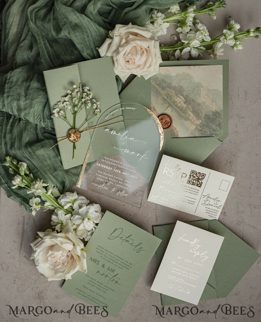WEDDING INVITATIONS plexi acrylic mirror Sage Green Clear Arched Wedding Invitations, Elegant Garden Wedding Cards, Greenery Acrylic transparent  Wedding Invites,  Arch Plexi Wedding Invitation Suite