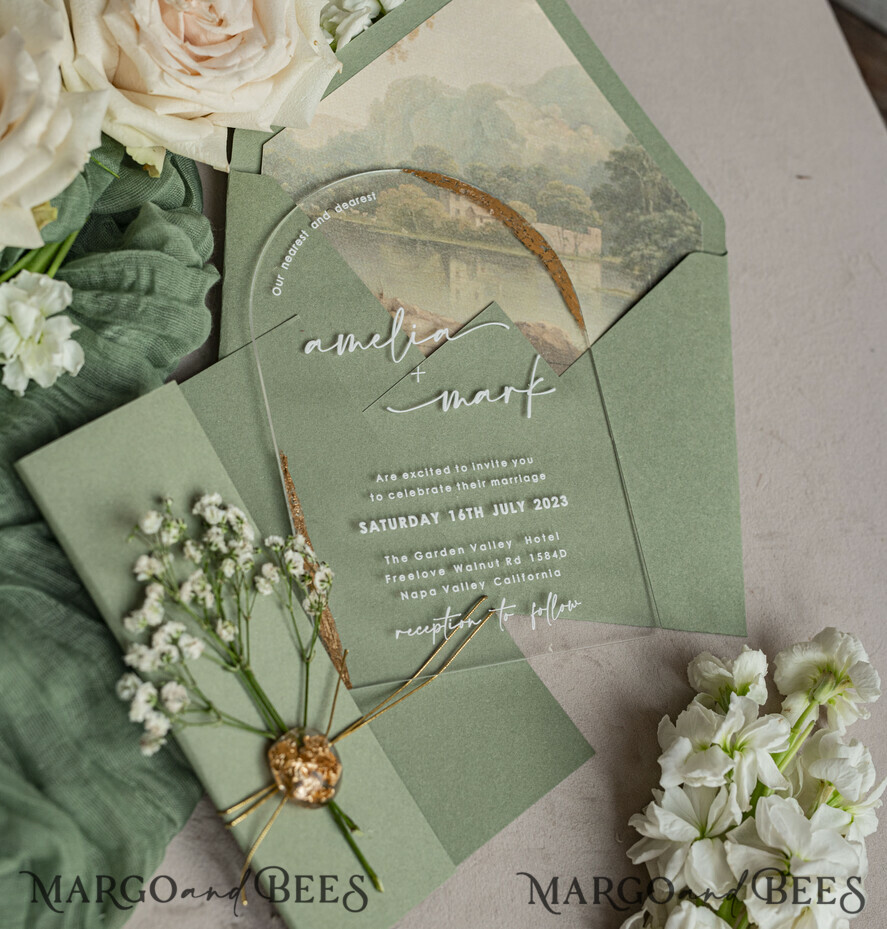 WEDDING INVITATIONS plexi acrylic mirror Sage Green Clear Arched Wedding Invitations, Elegant Garden Wedding Cards, Greenery Acrylic transparent  Wedding Invites,  Arch Plexi Wedding Invitation Suite