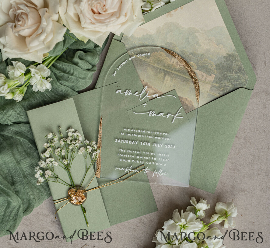WEDDING INVITATIONS plexi acrylic mirror Sage Green Clear Arched Wedding Invitations, Elegant Garden Wedding Cards, Greenery Acrylic transparent  Wedding Invites,  Arch Plexi Wedding Invitation Suite