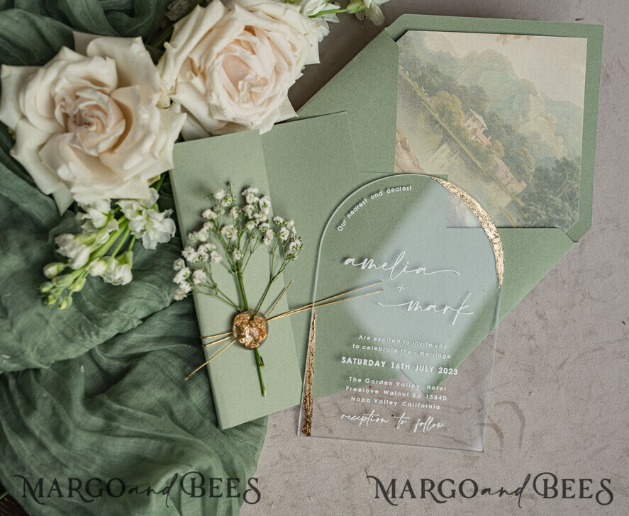 WEDDING INVITATIONS plexi acrylic mirror Sage Green Clear Arched Wedding Invitations, Elegant Garden Wedding Cards, Greenery Acrylic transparent  Wedding Invites,  Arch Plexi Wedding Invitation Suite