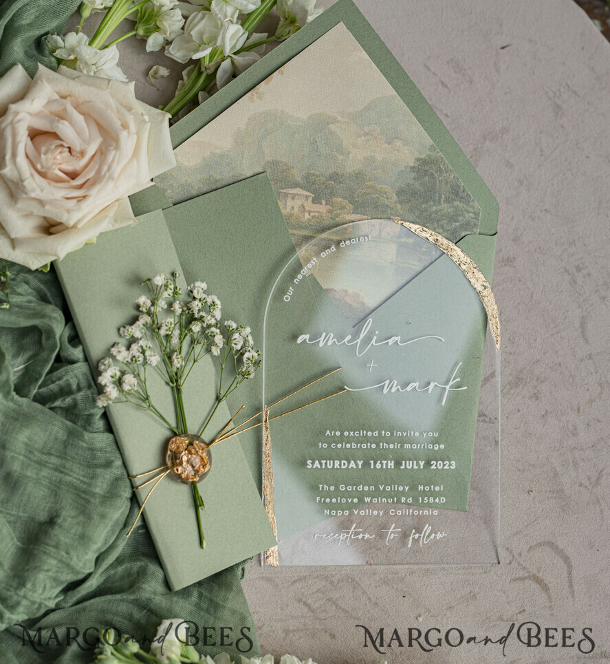 WEDDING INVITATIONS plexi acrylic mirror Sage Green Clear Arched Wedding Invitations, Elegant Garden Wedding Cards, Greenery Acrylic transparent  Wedding Invites,  Arch Plexi Wedding Invitation Suite