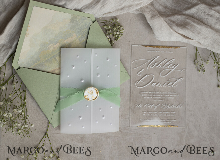 WEDDING INVITATIONS plexi acrylic mirror Ivory Beaded Wrapping Wedding Invitations, Elegant Clear Acrylic Wedding Cards, Plexi Transparent Wedding Invites, Wedding Invitation Suite with Pearls