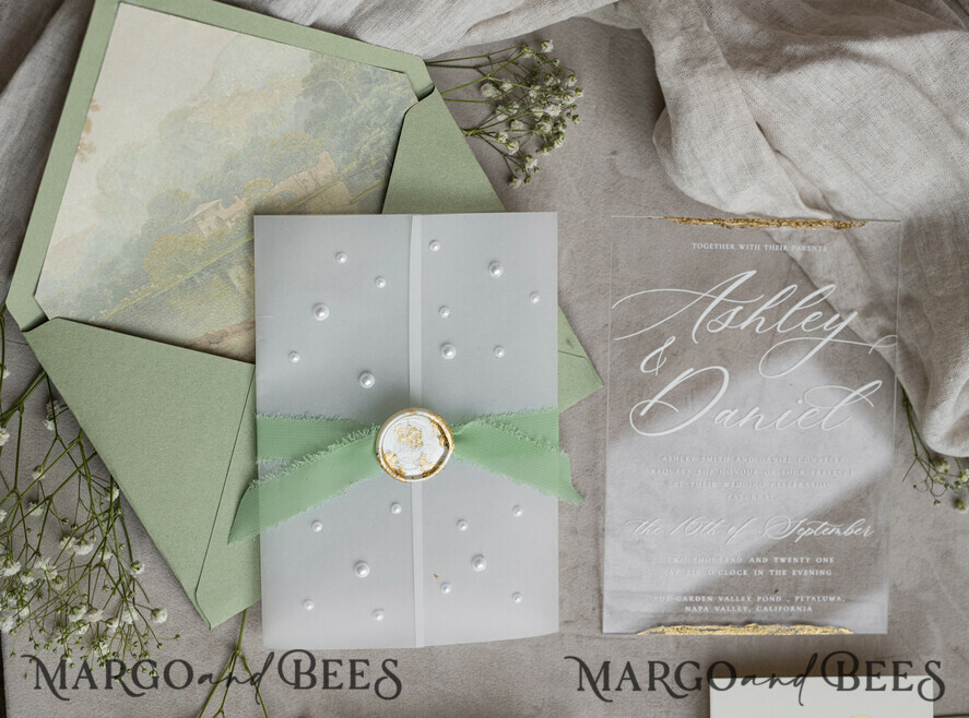 WEDDING INVITATIONS plexi acrylic mirror Ivory Beaded Wrapping Wedding Invitations, Elegant Clear Acrylic Wedding Cards, Plexi Transparent Wedding Invites, Wedding Invitation Suite with Pearls