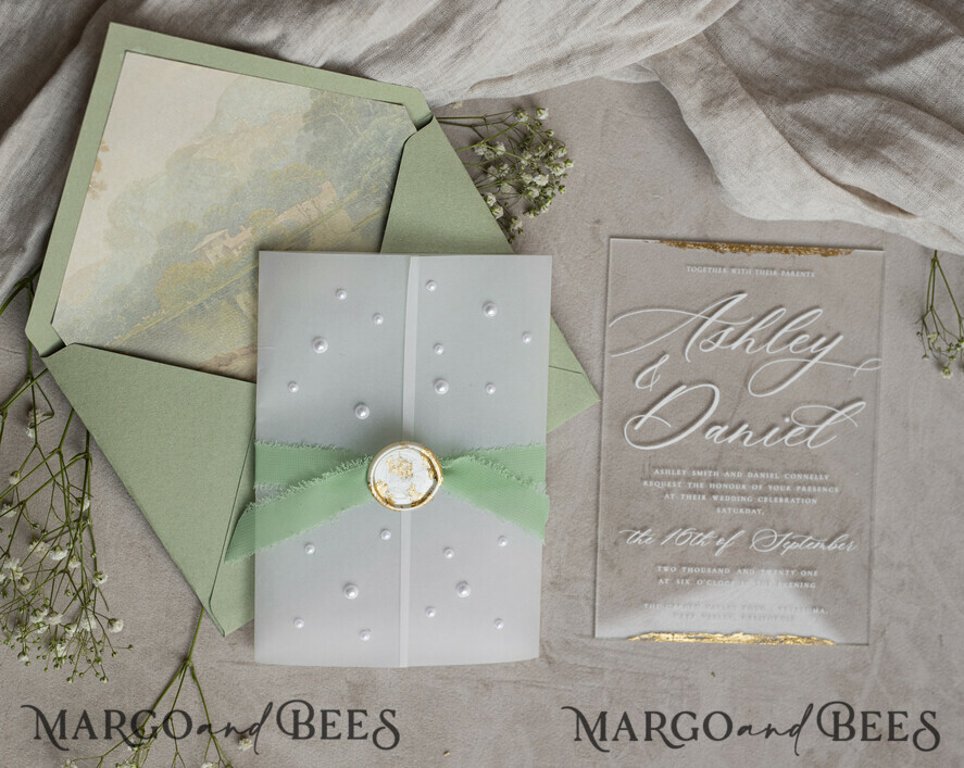 WEDDING INVITATIONS plexi acrylic mirror Ivory Beaded Wrapping Wedding Invitations, Elegant Clear Acrylic Wedding Cards, Plexi Transparent Wedding Invites, Wedding Invitation Suite with Pearls
