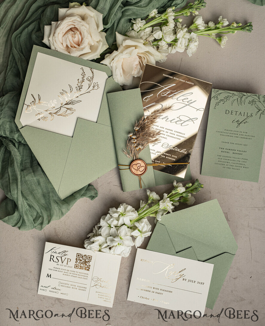 WEDDING INVITATIONS plexi acrylic mirror Sage Green Mirror gold Wedding Invitations, Elegant Garden Wedding Cards, Greenery Acrylic  Wedding Invites, Mirror Gold Plexi Wedding Invitation Suite