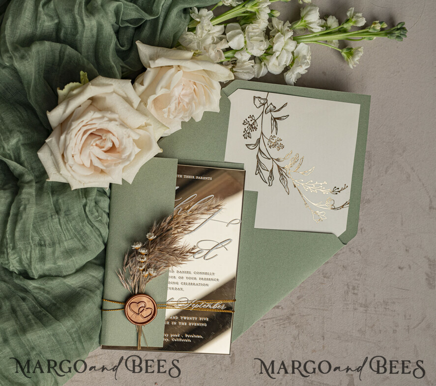 WEDDING INVITATIONS plexi acrylic mirror Sage Green Mirror gold Wedding Invitations, Elegant Garden Wedding Cards, Greenery Acrylic  Wedding Invites, Mirror Gold Plexi Wedding Invitation Suite