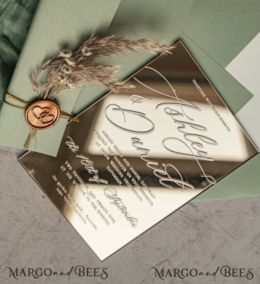 WEDDING INVITATIONS plexi acrylic mirror Sage Green Mirror gold Wedding Invitations, Elegant Garden Wedding Cards, Greenery Acrylic  Wedding Invites, Mirror Gold Plexi Wedding Invitation Suite