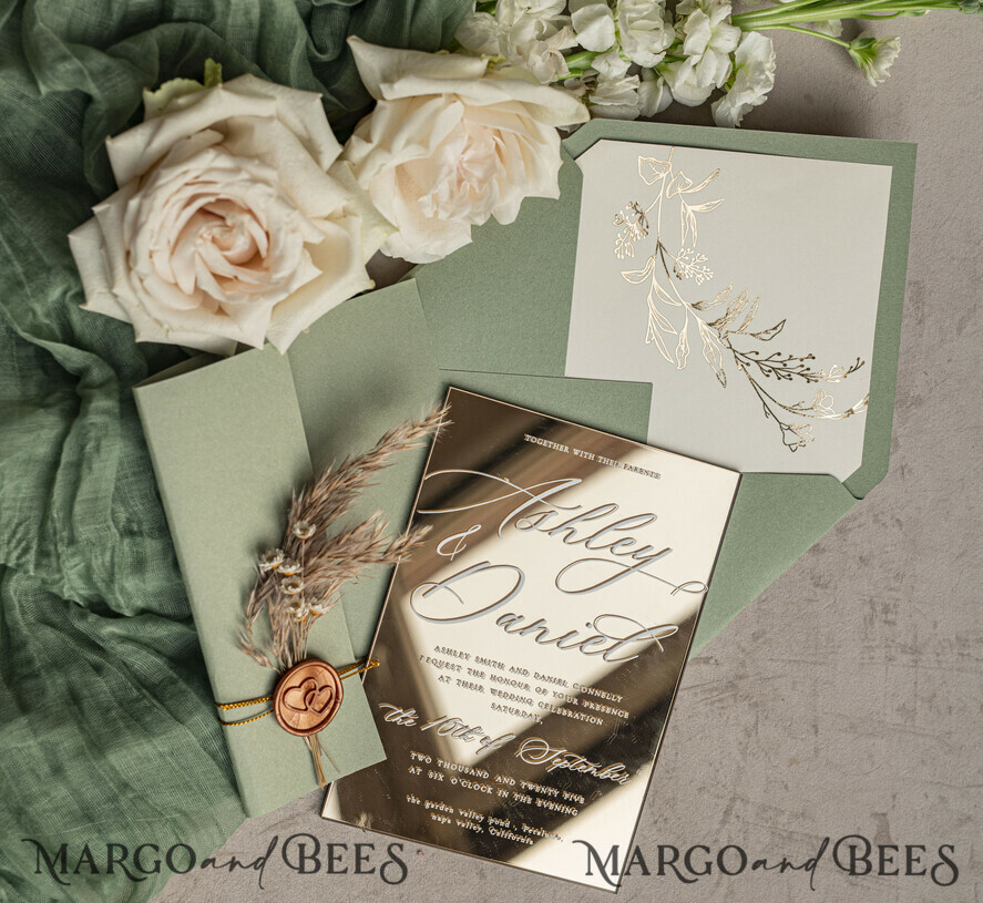 WEDDING INVITATIONS plexi acrylic mirror Sage Green Mirror gold Wedding Invitations, Elegant Garden Wedding Cards, Greenery Acrylic  Wedding Invites, Mirror Gold Plexi Wedding Invitation Suite