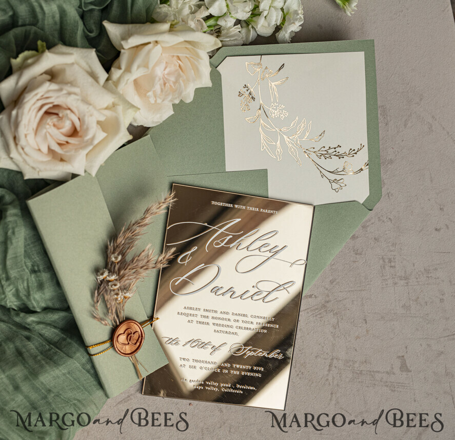 WEDDING INVITATIONS plexi acrylic mirror Sage Green Mirror gold Wedding Invitations, Elegant Garden Wedding Cards, Greenery Acrylic  Wedding Invites, Mirror Gold Plexi Wedding Invitation Suite