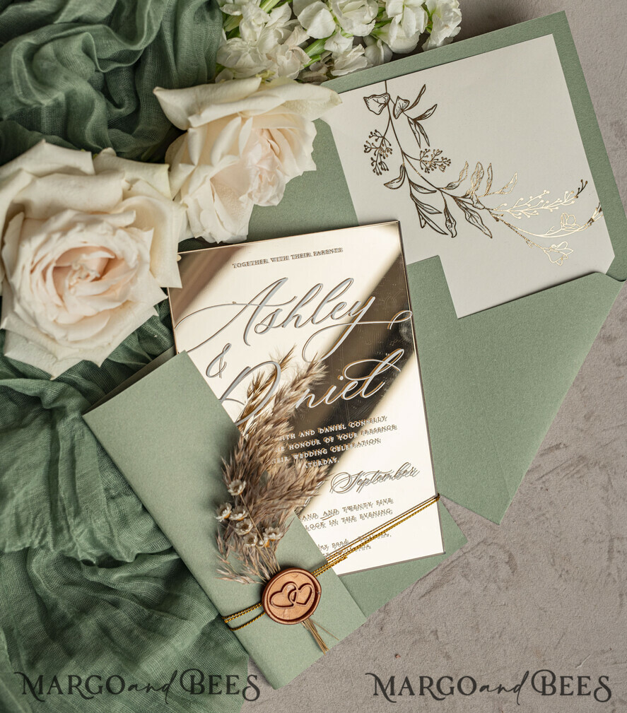 WEDDING INVITATIONS plexi acrylic mirror Sage Green Mirror gold Wedding Invitations, Elegant Garden Wedding Cards, Greenery Acrylic  Wedding Invites, Mirror Gold Plexi Wedding Invitation Suite