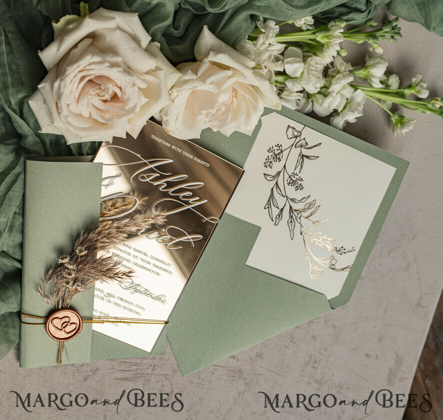 WEDDING INVITATIONS plexi acrylic mirror Sage Green Mirror gold Wedding Invitations, Elegant Garden Wedding Cards, Greenery Acrylic  Wedding Invites, Mirror Gold Plexi Wedding Invitation Suite