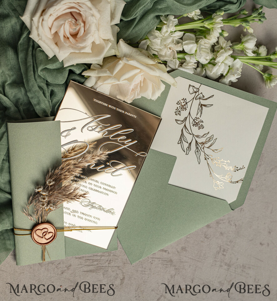 WEDDING INVITATIONS plexi acrylic mirror Sage Green Mirror gold Wedding Invitations, Elegant Garden Wedding Cards, Greenery Acrylic  Wedding Invites, Mirror Gold Plexi Wedding Invitation Suite