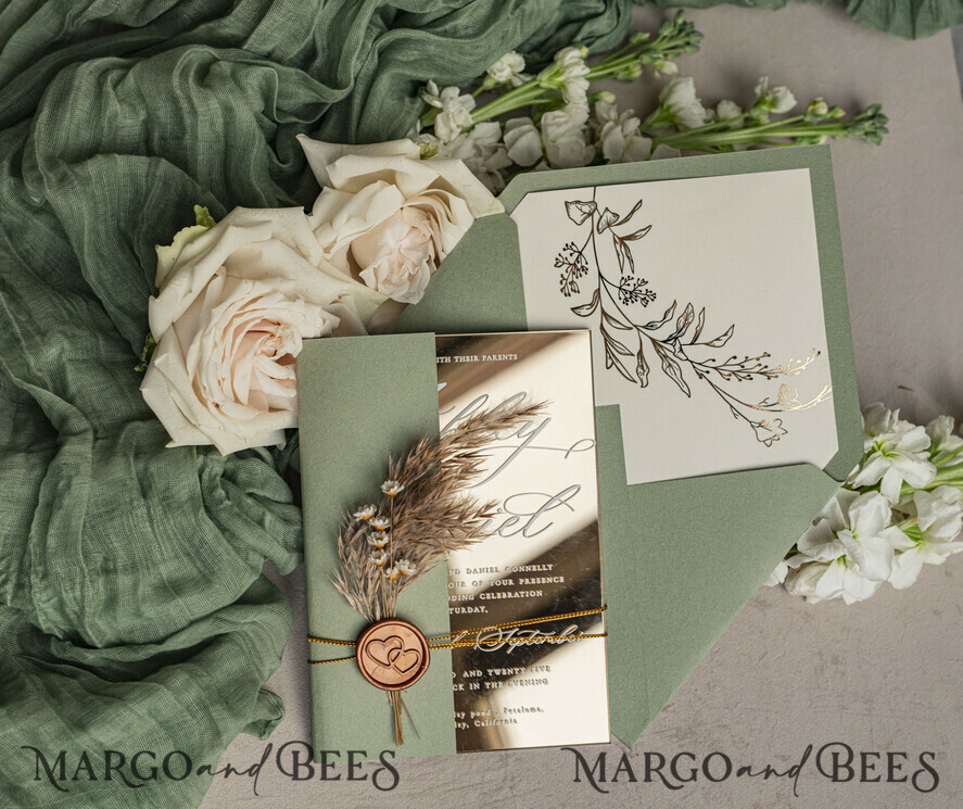 WEDDING INVITATIONS plexi acrylic mirror Sage Green Mirror gold Wedding Invitations, Elegant Garden Wedding Cards, Greenery Acrylic  Wedding Invites, Mirror Gold Plexi Wedding Invitation Suite